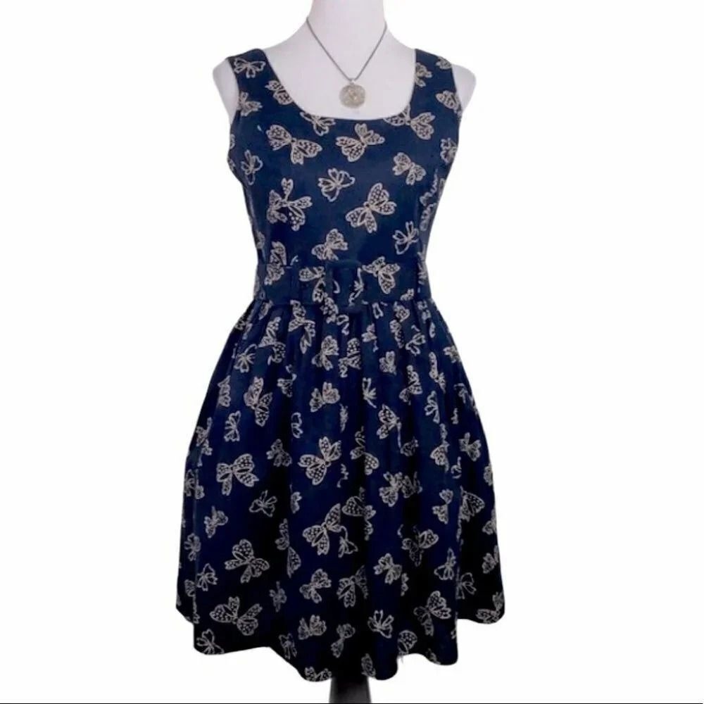 Burlapp Navy Blue Butterfly Bow Print Fit Flare Dress Criss Cross Back Small
